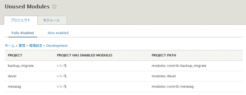 Unused Modules モジュールの未使用プロジェクト レポート